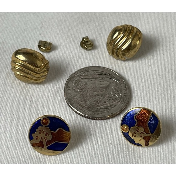 Vtg Cloisonné  Enamel Landscape Earrings 5/8" Round Gold Blue Brown FREE Pair - Picture 9 of 9